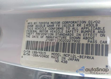 2002 Toyota Echo z USA, uszkodzony, nr VIN JTDBT123020227902